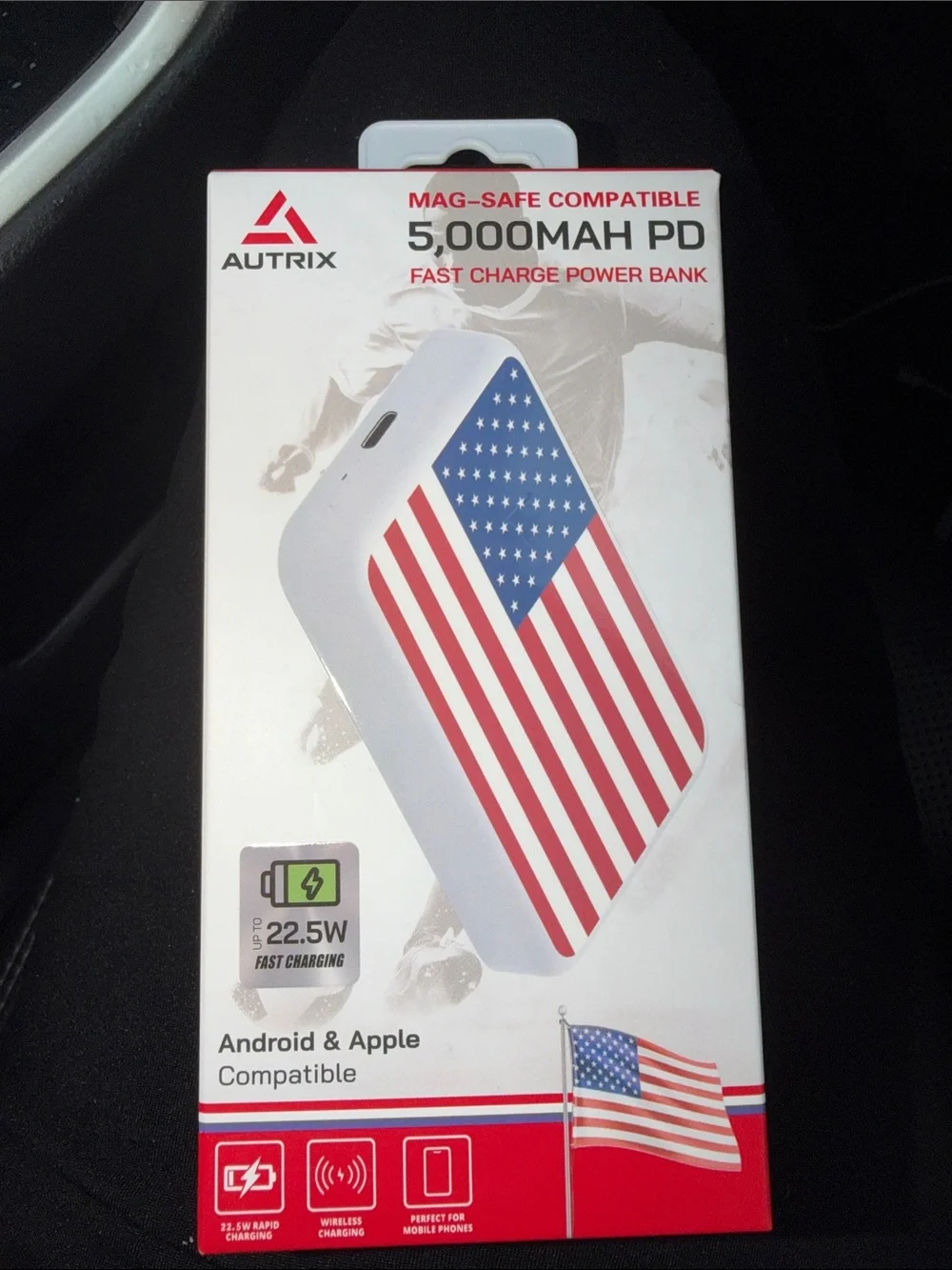 5,000mAh PD Power Bank with American Flag Design - White/Red/Blue
